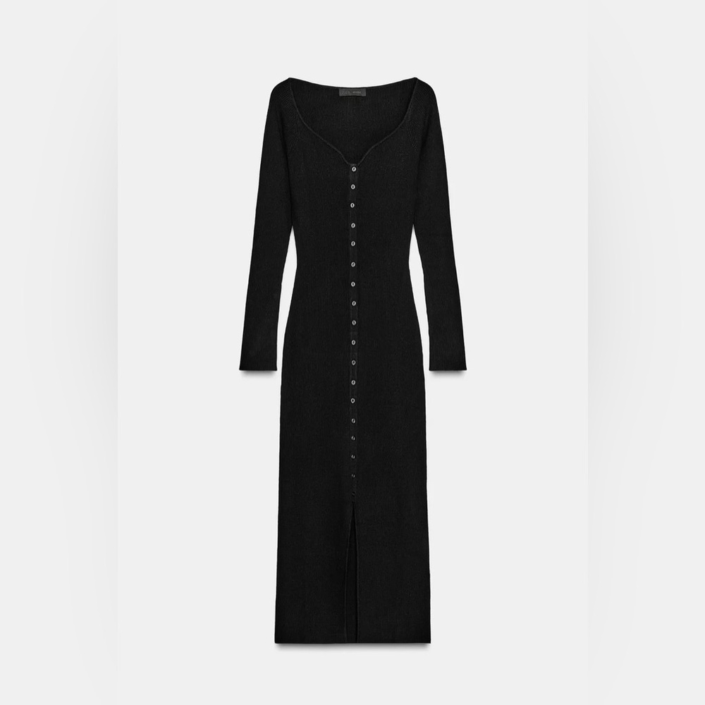 Zara Black Ribbed Midi Bodycon Dress M